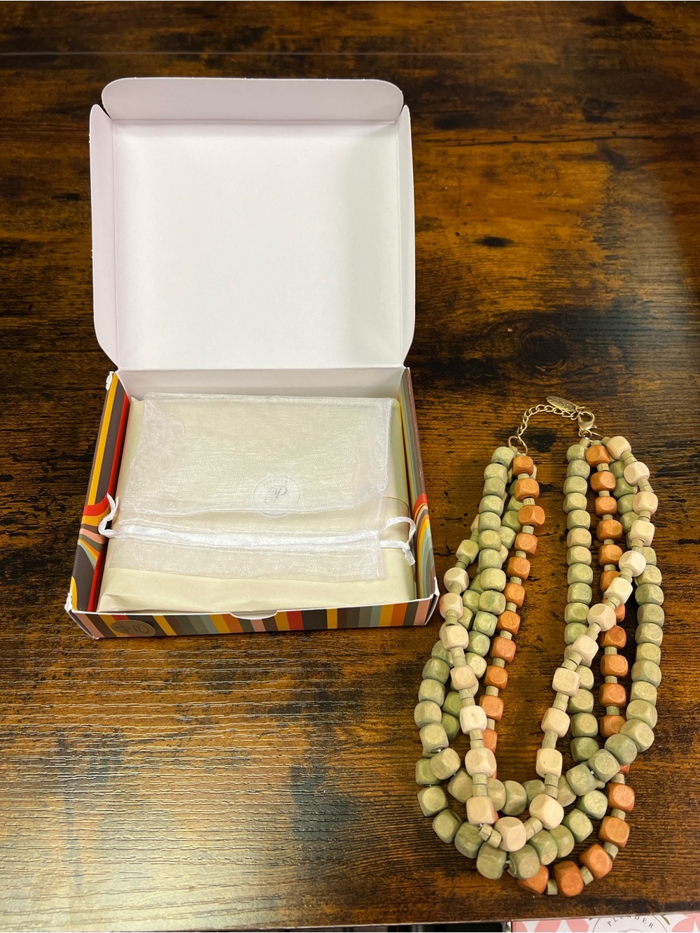 Plunder Multi-Strand Beaded Necklace in Sage Green, Peach & Cream